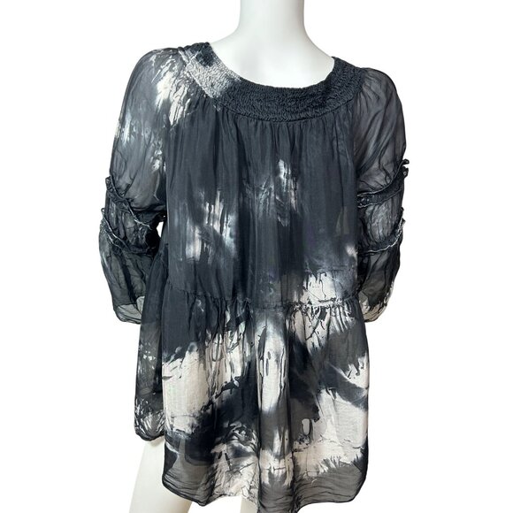 Tempo Paris Top M/L Black White Tie Dyed Long Sleeve Silk Italy Bell Sleeves - Picture 4 of 14